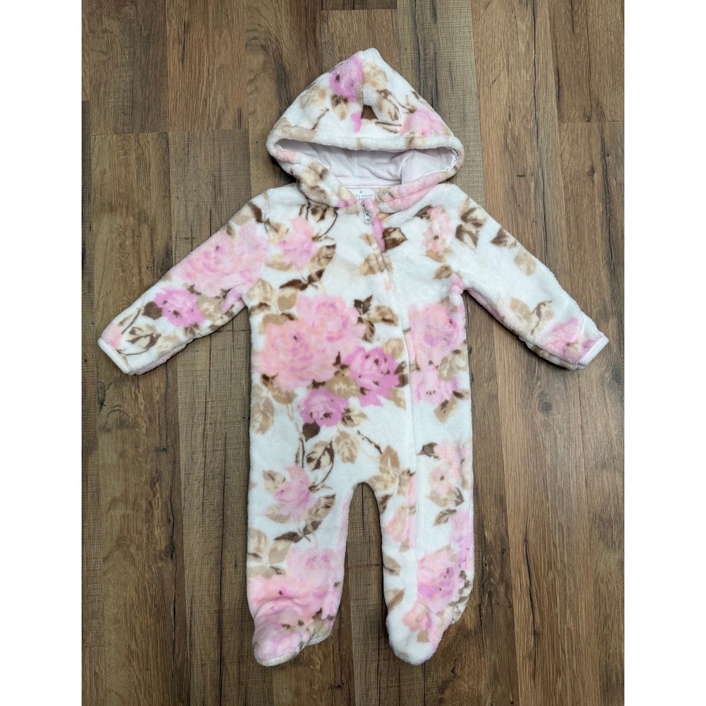 Laura Ashley Baby Girls 3-6M Pink Floral Plush Hooded Zip Footless Romper